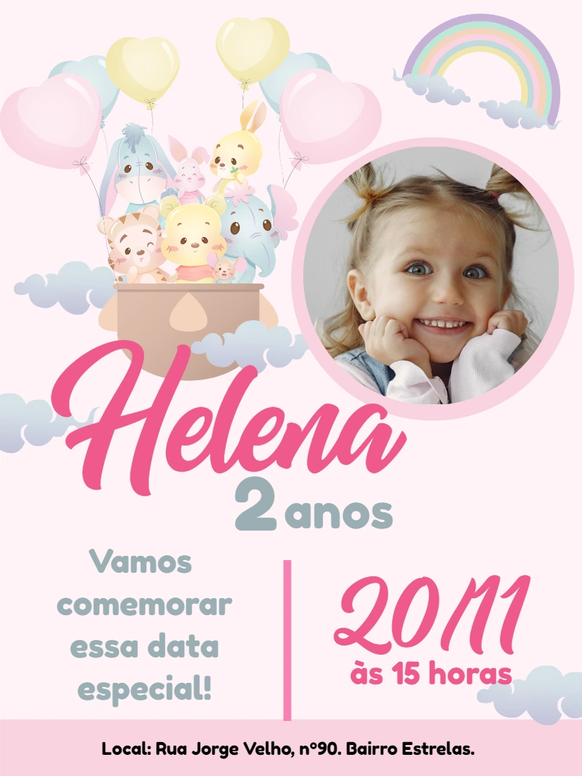 Convite de Aniversário Ursinho Pooh Cute com Foto para Editar