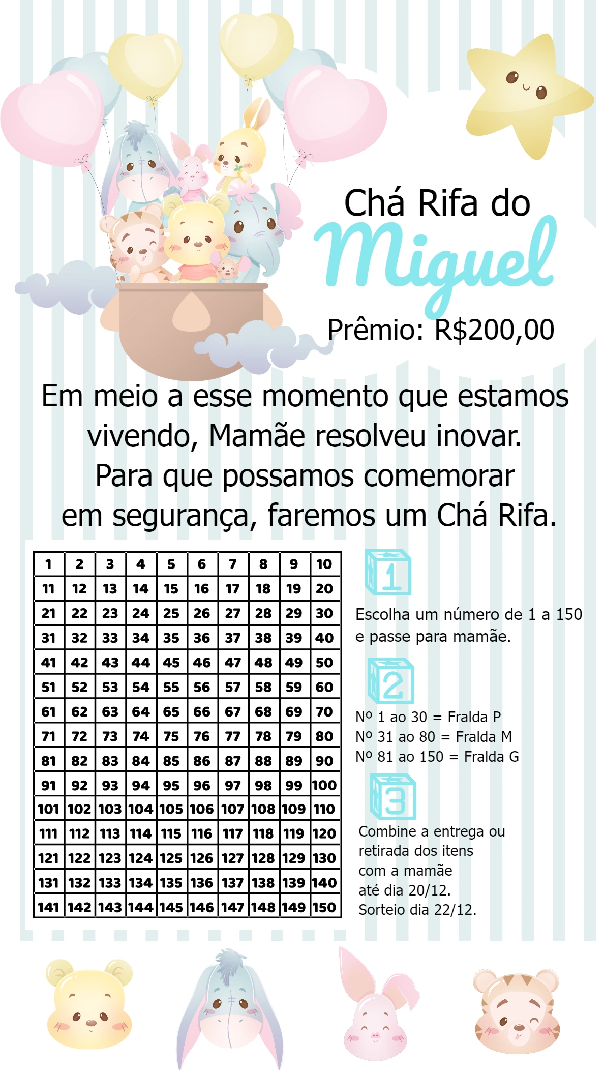 Convite Chá Rifa Ursinho Pooh e Amigos para Editar Online