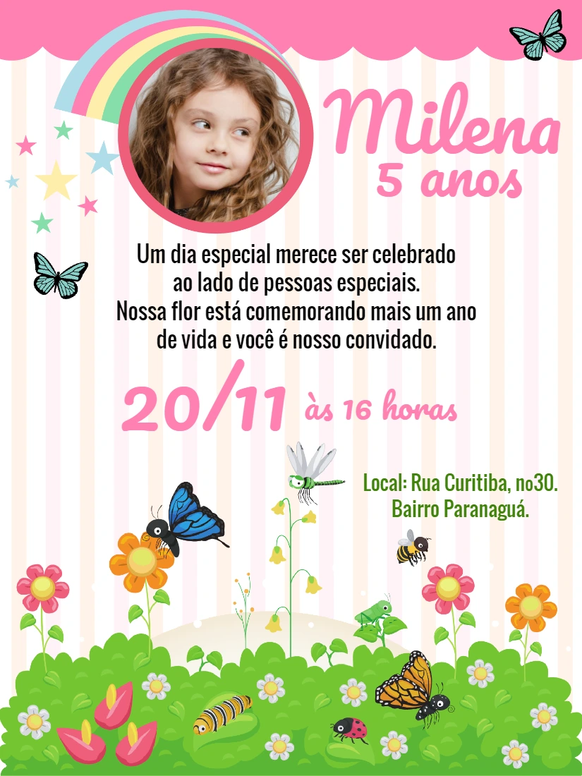 Convite Aniversário Jardim Encantado com Foto para Editar