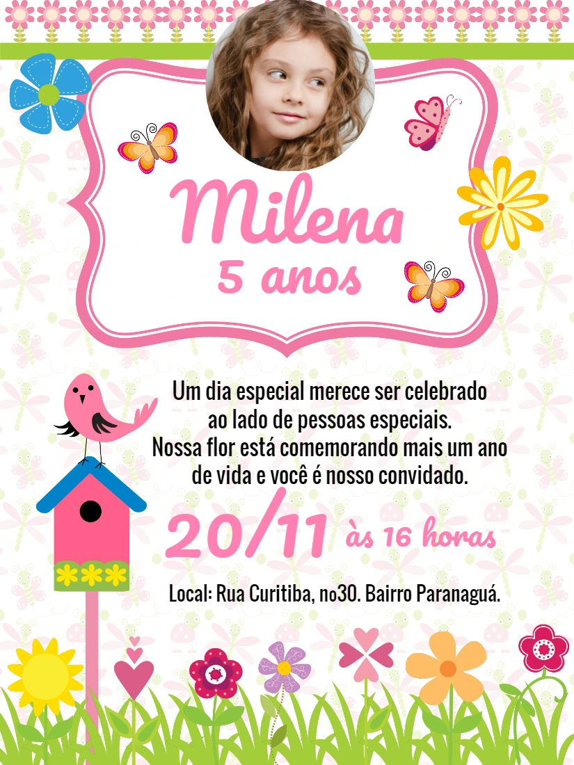Convite Aniversário Jardim Encantado com Foto para Editar Online