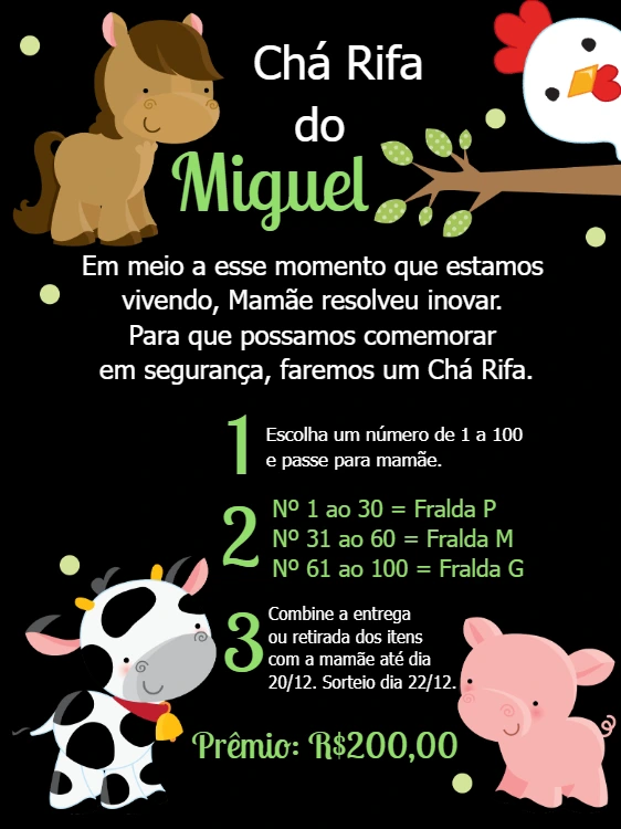 Convite Chá Rifa Fazendinha com Animais para Editar Online