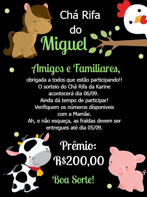 Lembrete Chá Rifa Fazendinha com Animais para Editar Online