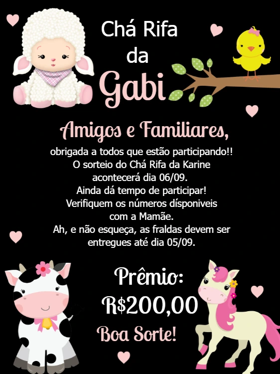 Convite Chá Rifa Fazendinha com Animais Editável Online