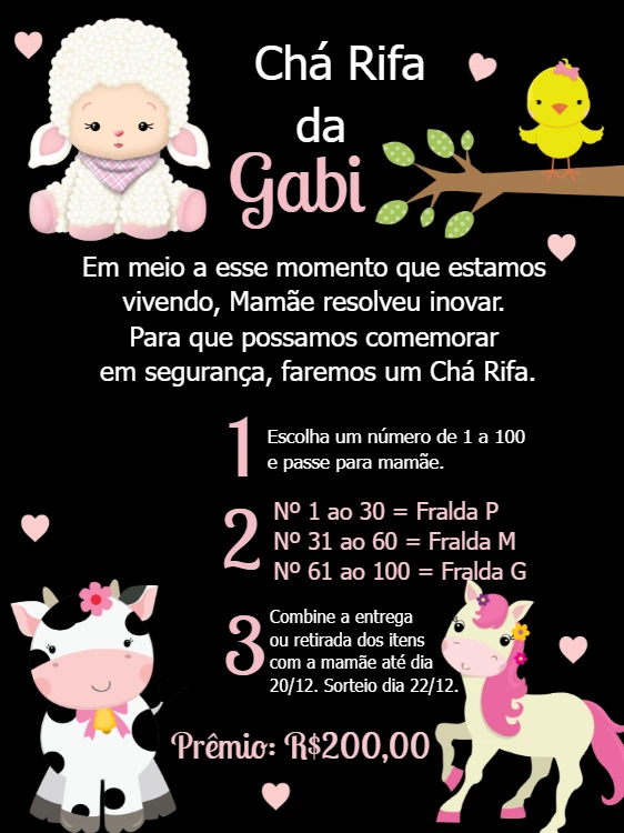 Convite Chá Rifa Fazendinha com Animais para Editar Online