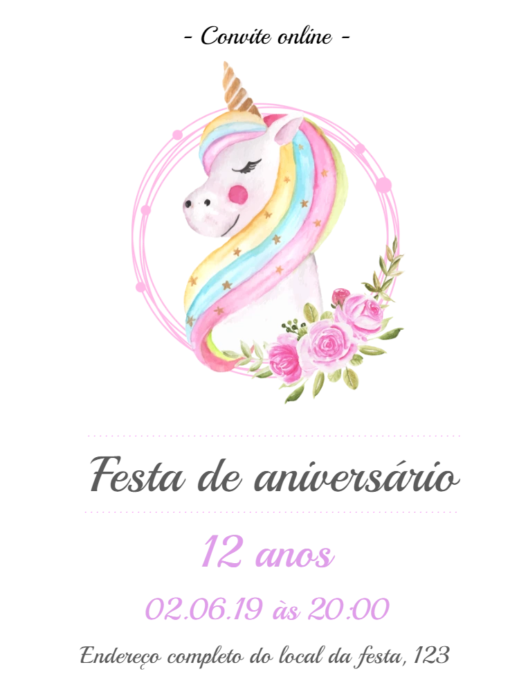 Convite de Aniversário Unicórnio Aquarela para Editar Online