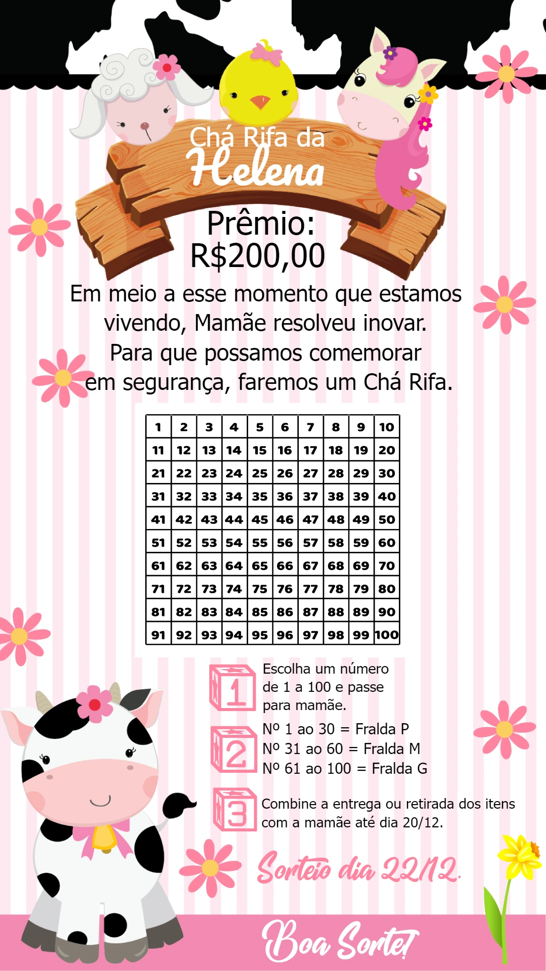 Convite Chá Rifa Fazendinha com Animais para Editar Online