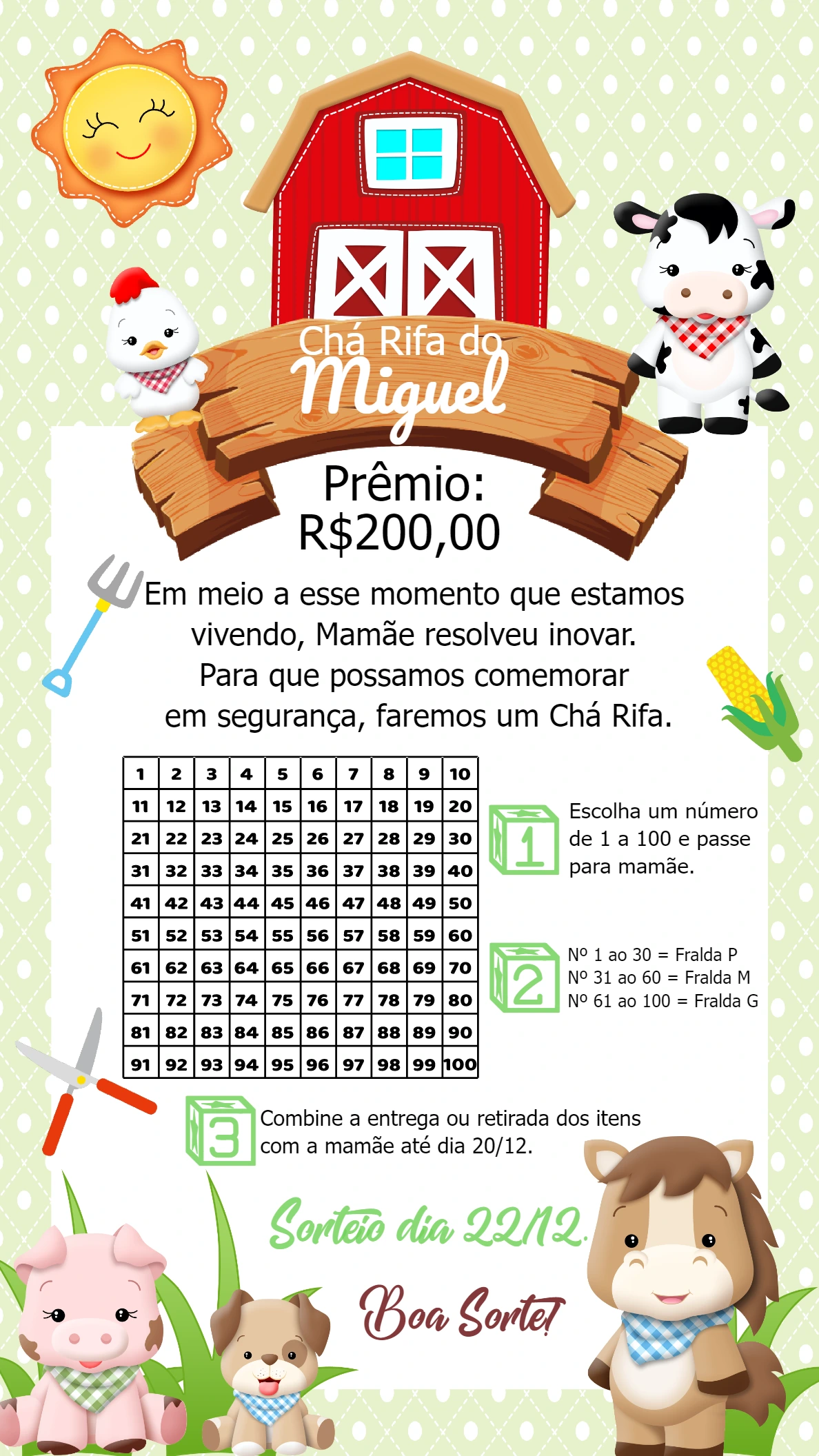 Convite Chá Rifa Fazendinha com Animais para Editar Online