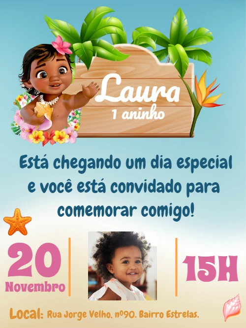 Convite Aniversário Moana Baby com Foto para Editar Online