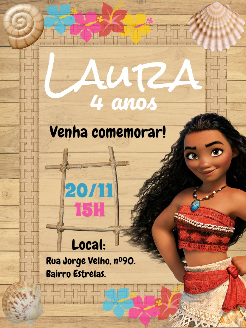 Convite de Aniversário Moana para Editar Online