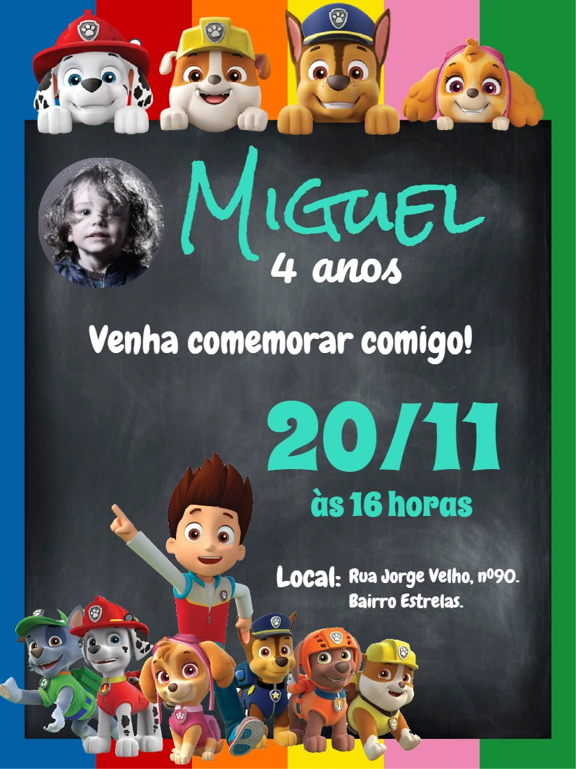Convite Aniversário Patrulha Canina com Foto para Editar Online