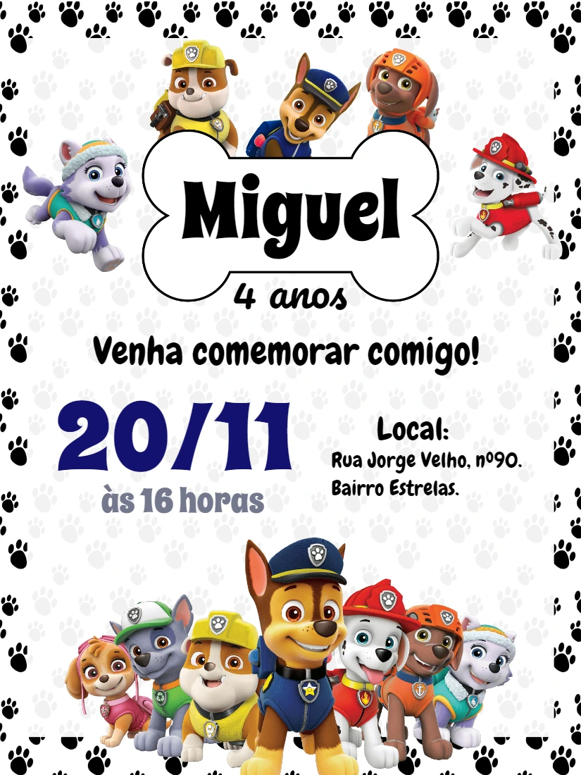 Convite de Aniversário Patrulha Canina para Editar Online