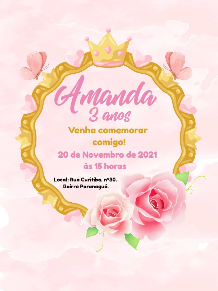 Convite Aniversário Princesa com Coroa para Editar Online