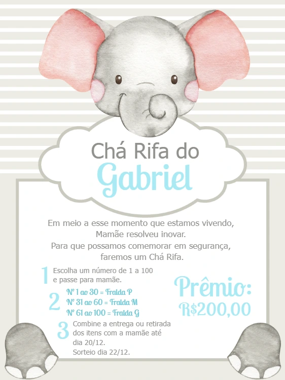 Convite Chá Rifa Elefantinho Fofo para Editar Online