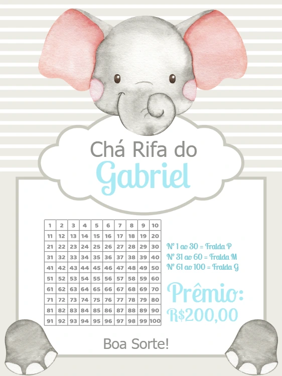 Chá Rifa Elefantinho Fofo: Convite Editável para Chá de Bebê