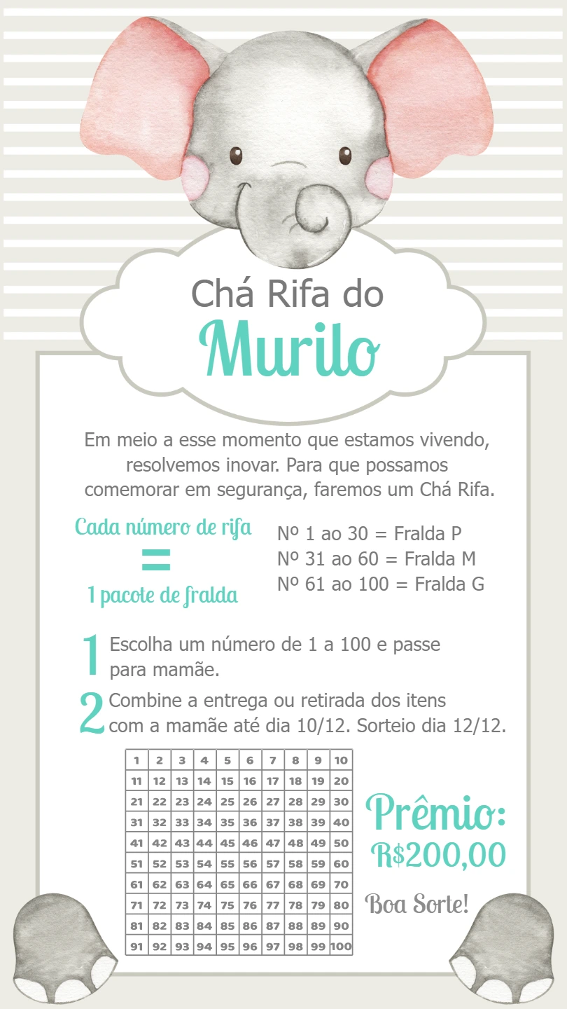 Convite Chá Rifa Elefantinho Fofo para Editar Online