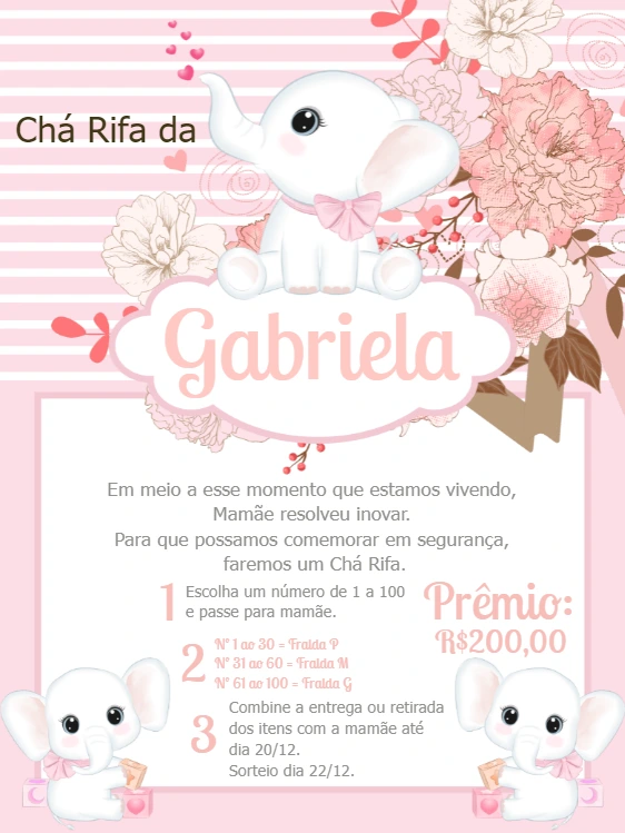 Convite Chá Rifa Elefantinha Rosa para Editar Online