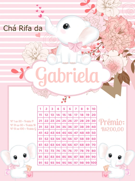 Chá Rifa Elefantinha Rosa Editável Online para Chá de Bebê