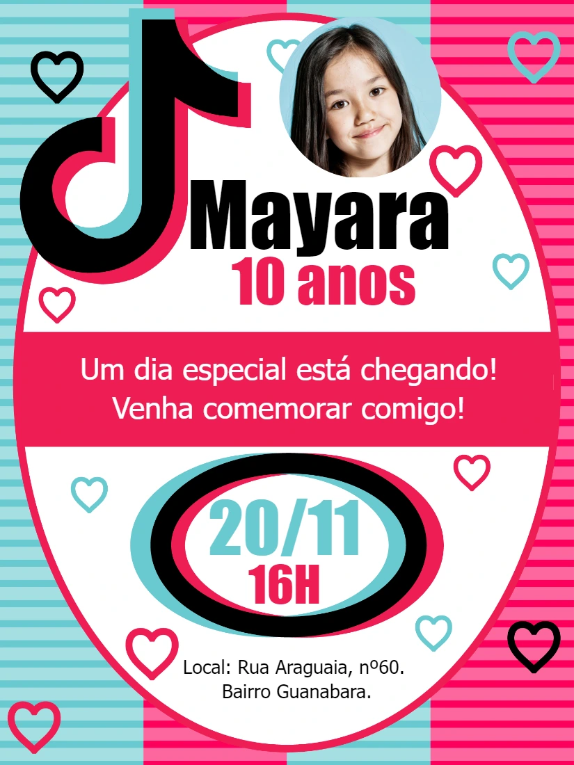 Convite Aniversário Tik Tok com Foto para Editar Online