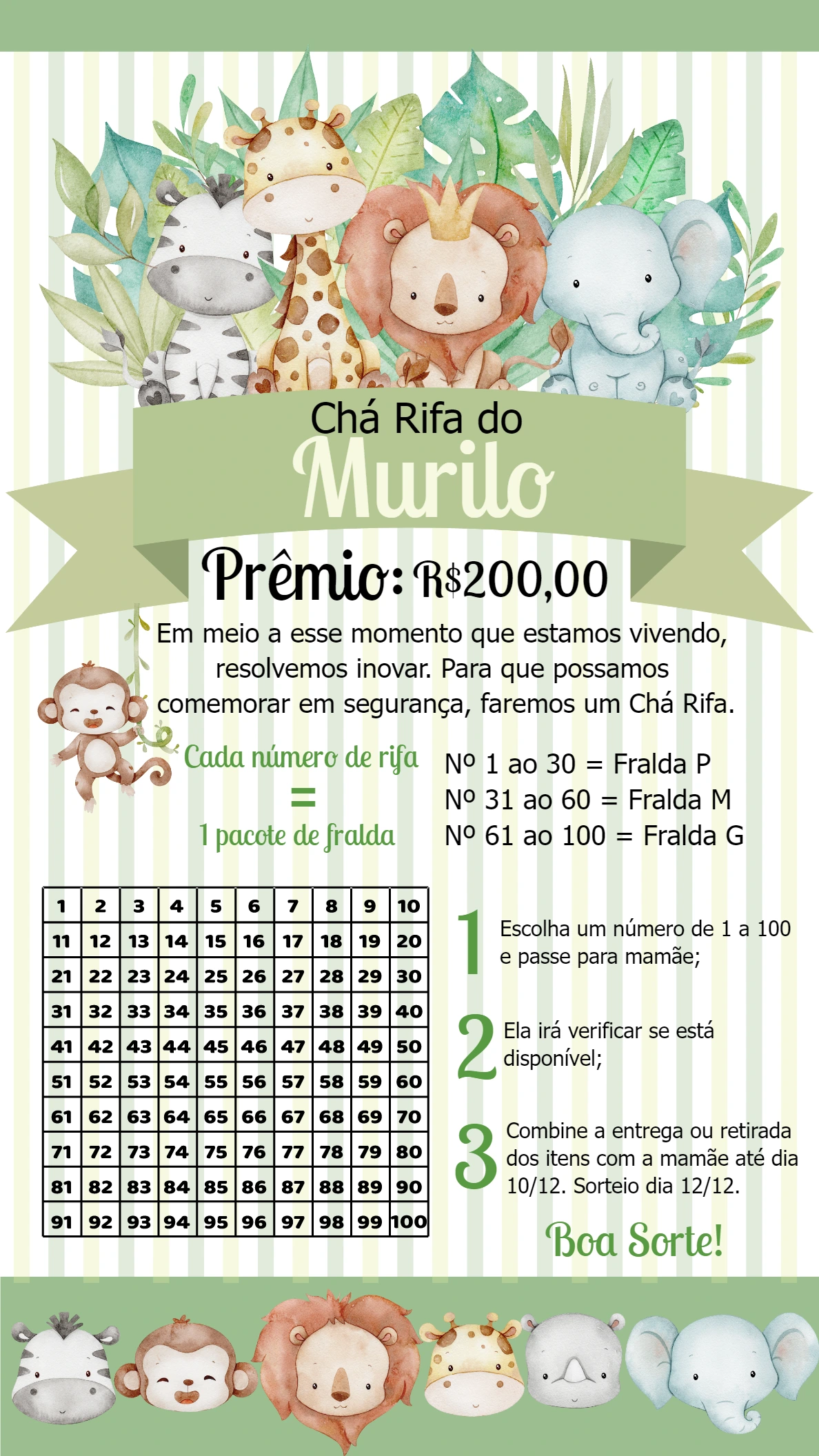Convite Chá Rifa Safari com Animais para Editar Online