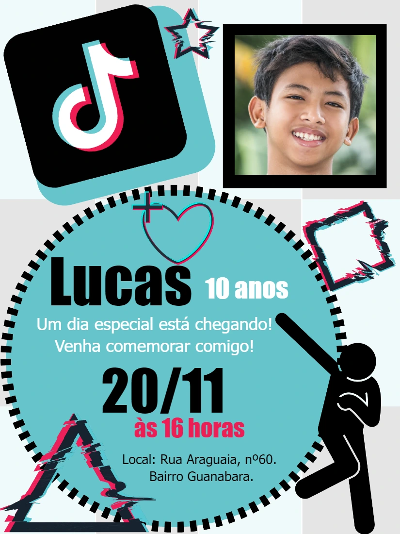 Convite Aniversário Tik Tok com Foto para Editar Online