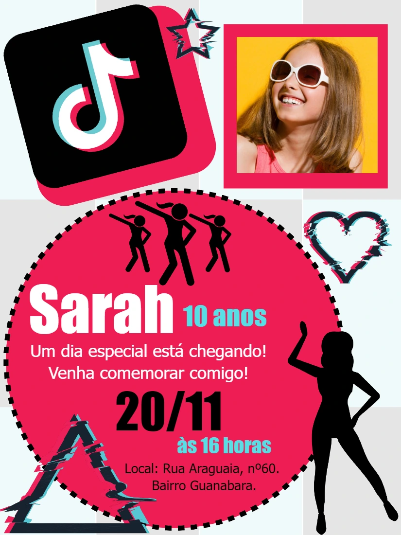 Convite de Aniversário Tik Tok com Foto para Editar Online