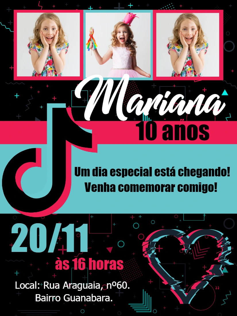 Convite de Aniversário Tik Tok com Foto para Editar Online