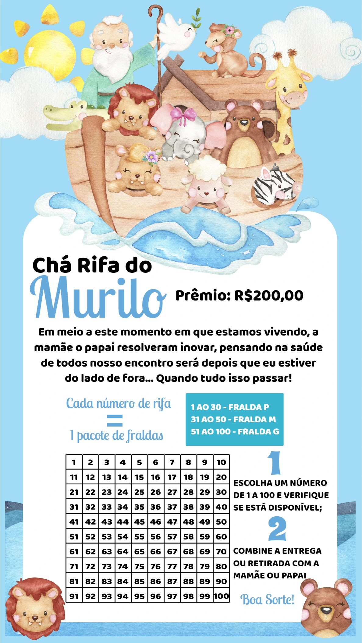 Convite Chá Rifa Arca de Noé com Animais para Editar Online
