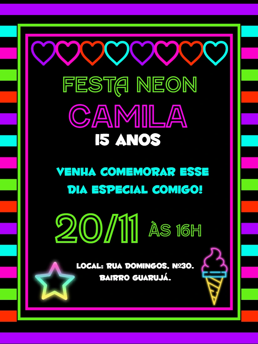 Convite Aniversário Festa Neon com Cores Vibrantes para Editar
