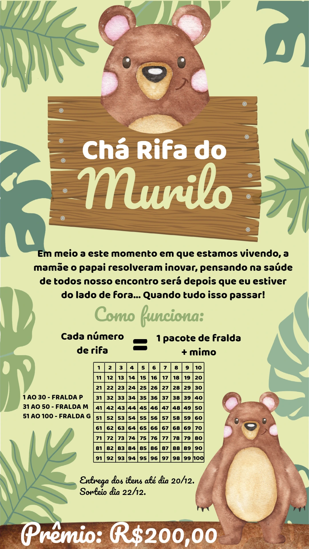 Convite Chá Rifa Ursinho Fofo para Editar Online e Enviar