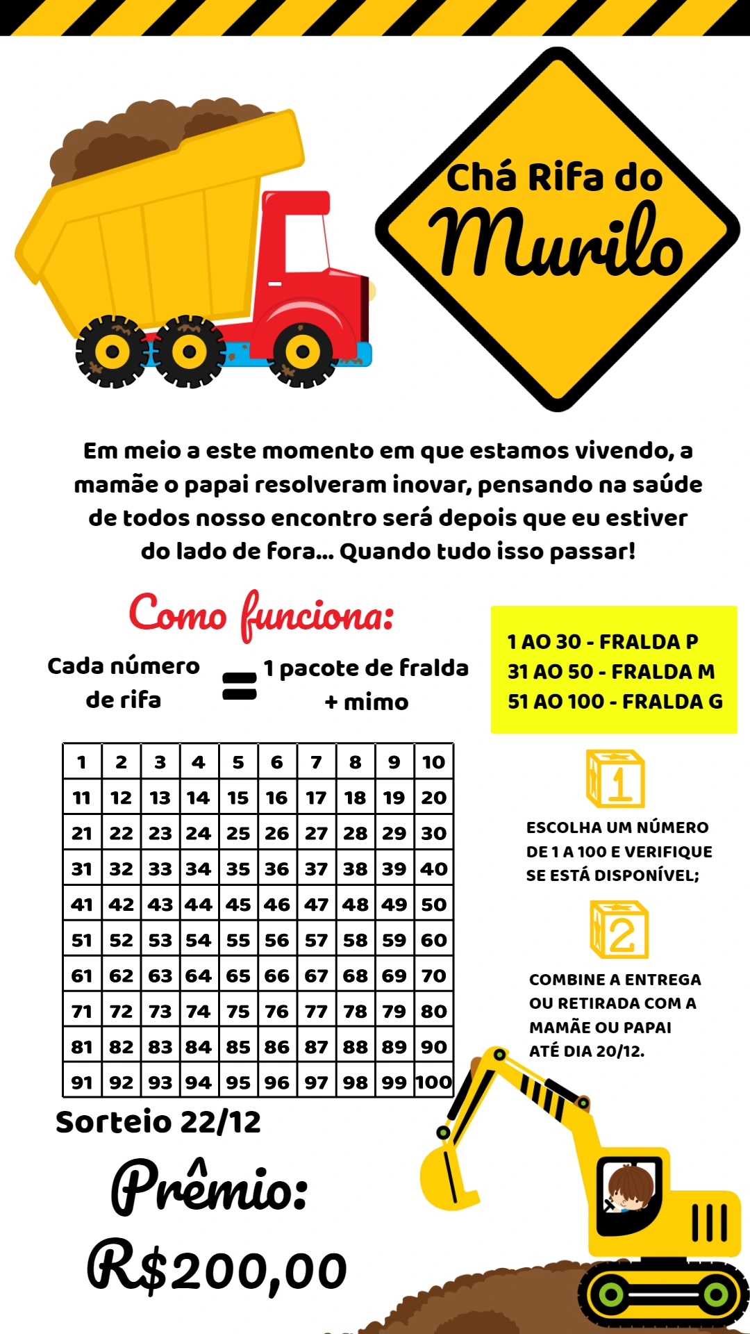 Convite Chá Rifa Construção Editável Online para Imprimir