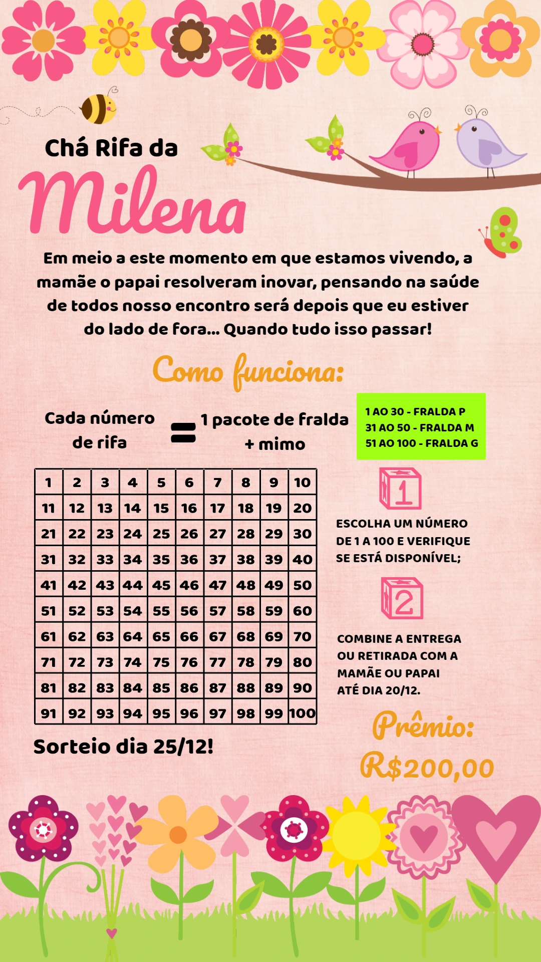 Convite Chá Rifa Jardim Encantado com Flores para Editar Online