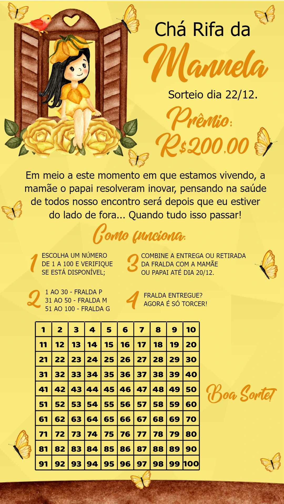 Convite Chá Rifa Menina com Flores e Borboletas para Editar