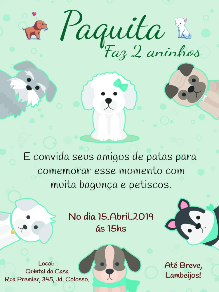 Convite de Aniversário de Cachorro com Ilustrações para Editar