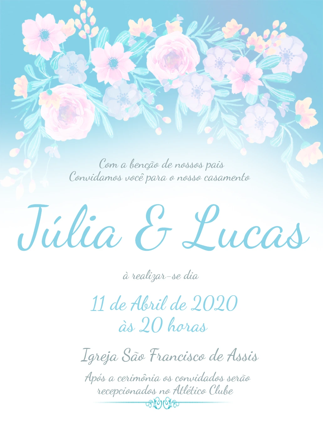 Convite de Casamento Floral Azul e Branco para Editar Online