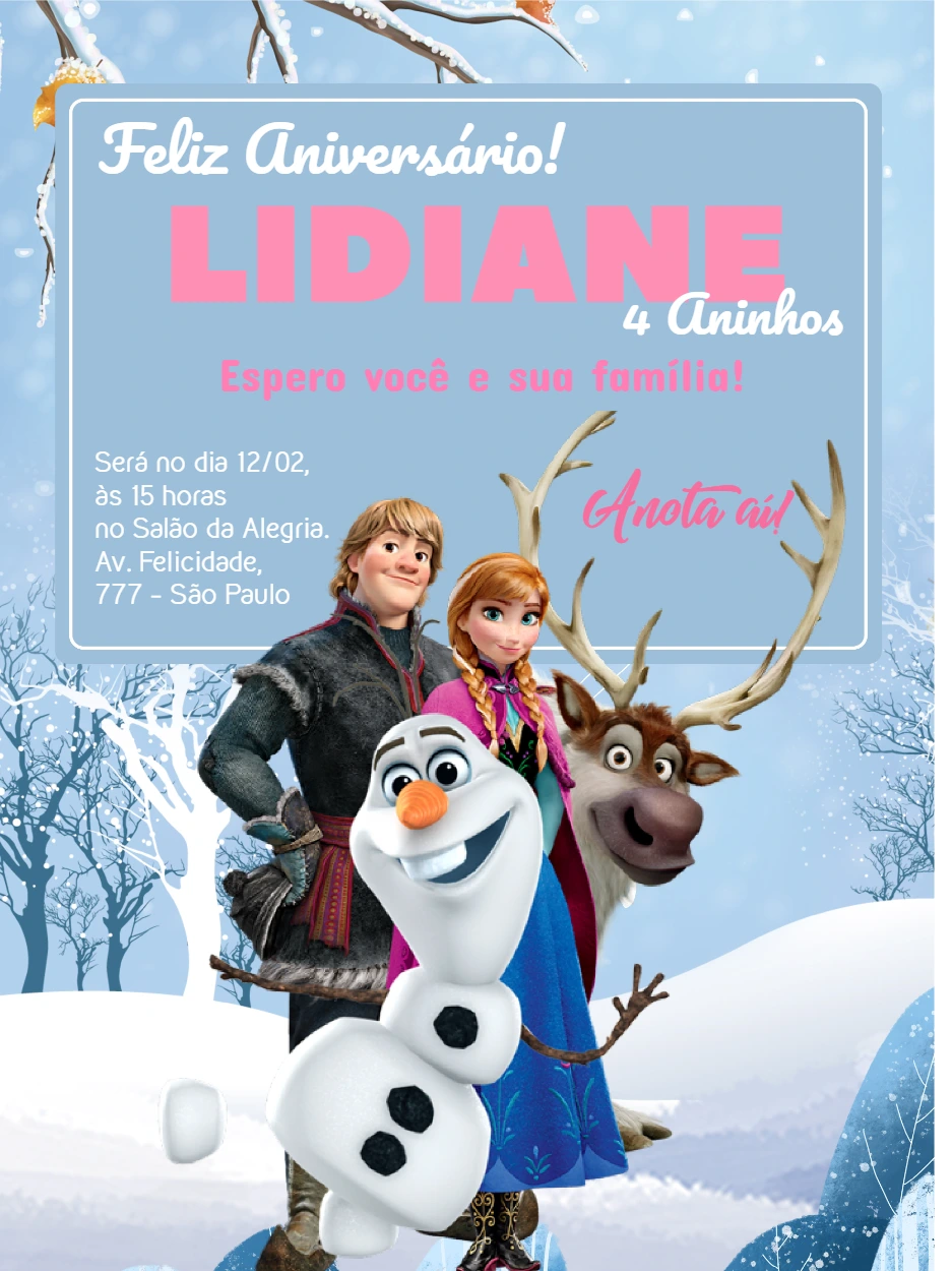 Convite de Aniversário Frozen com Personagens para Editar