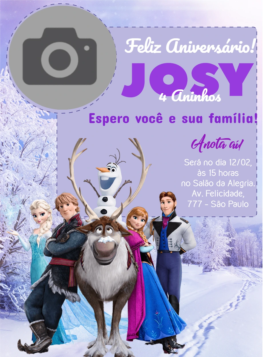 Convite Aniversário Frozen com Foto para Editar Online