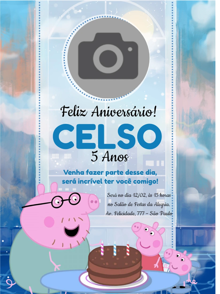 Convite Aniversário Peppa Pig com Foto para Editar Online