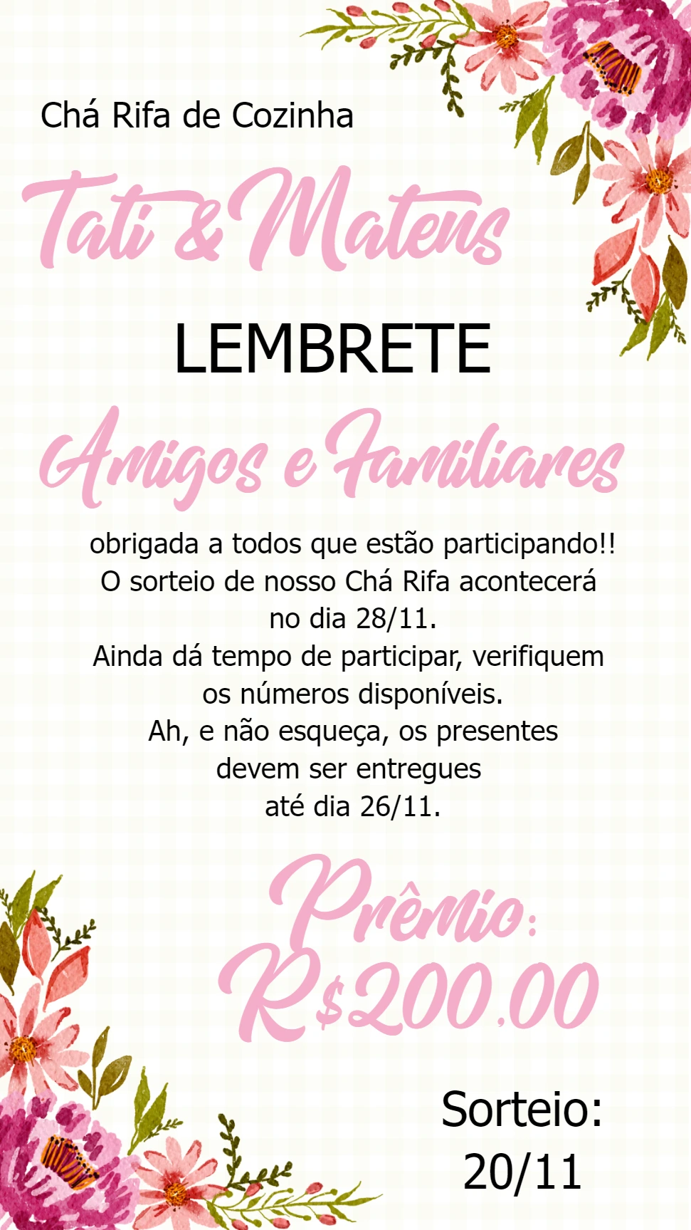 Lembrete Chá Rifa de Cozinha Floral para Editar Online