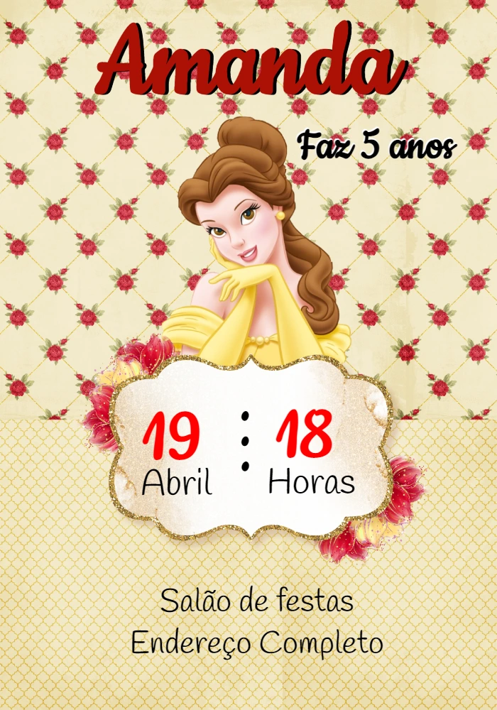 Convite Aniversário A Bela e a Fera para Editar Online