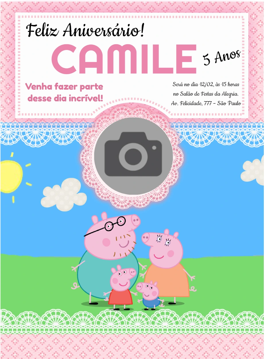 Convite de Aniversário Peppa Pig com Foto para Editar Online