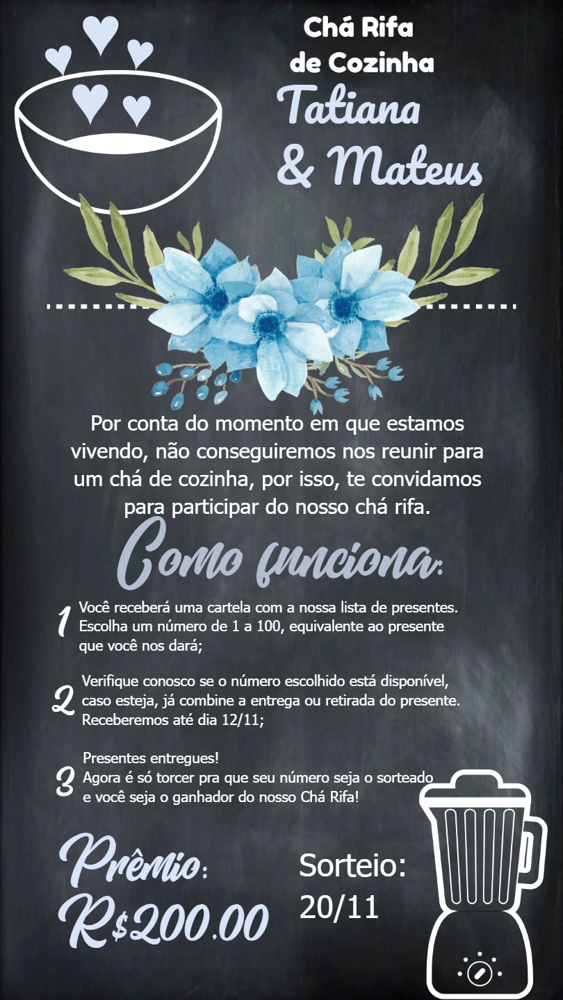 Convite Chá Rifa de Cozinha Floral Quadro Negro para Editar Online