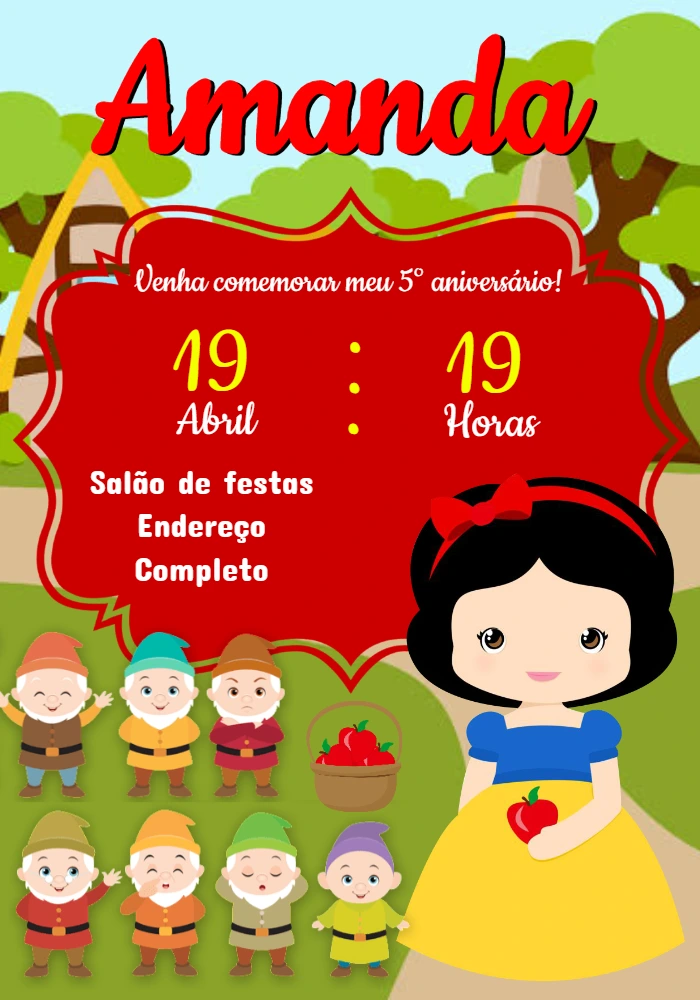 Convite Aniversário Branca de Neve Cute para Editar Online