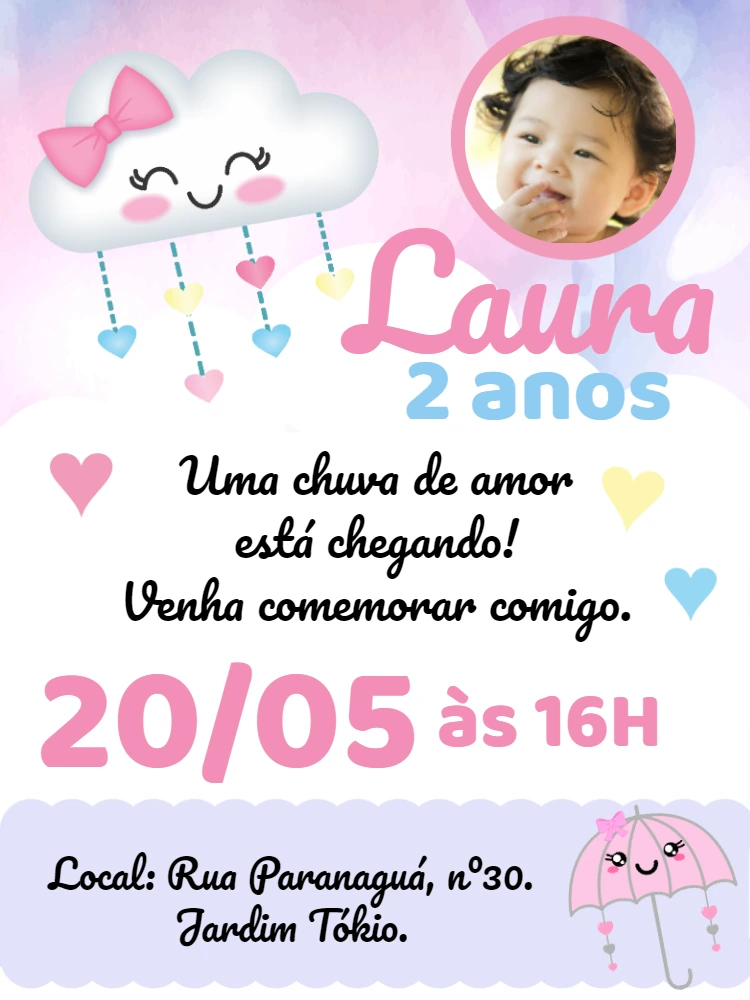 Convite Aniversário Chuva de Amor com Foto para Editar Online