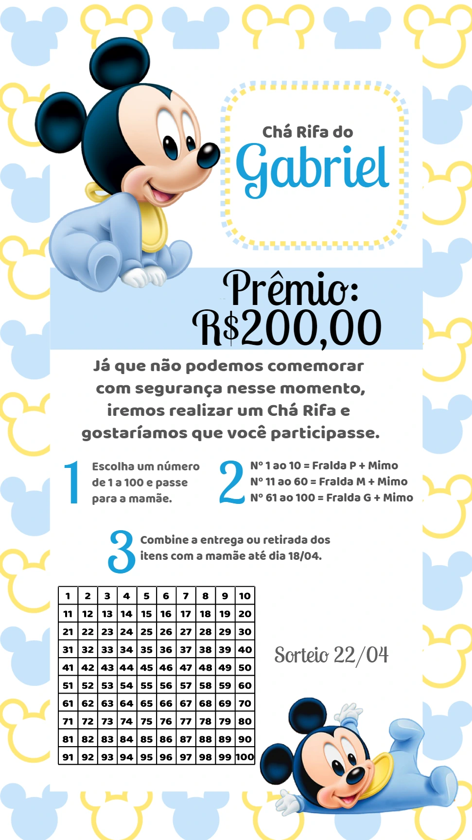 Convite Chá Rifa Mickey Baby para Editar Online