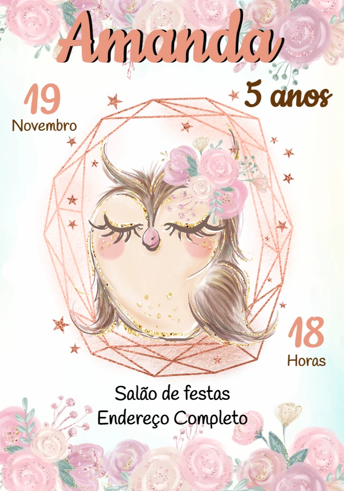 Convite Aniversário Coruja com Flores para Editar Online