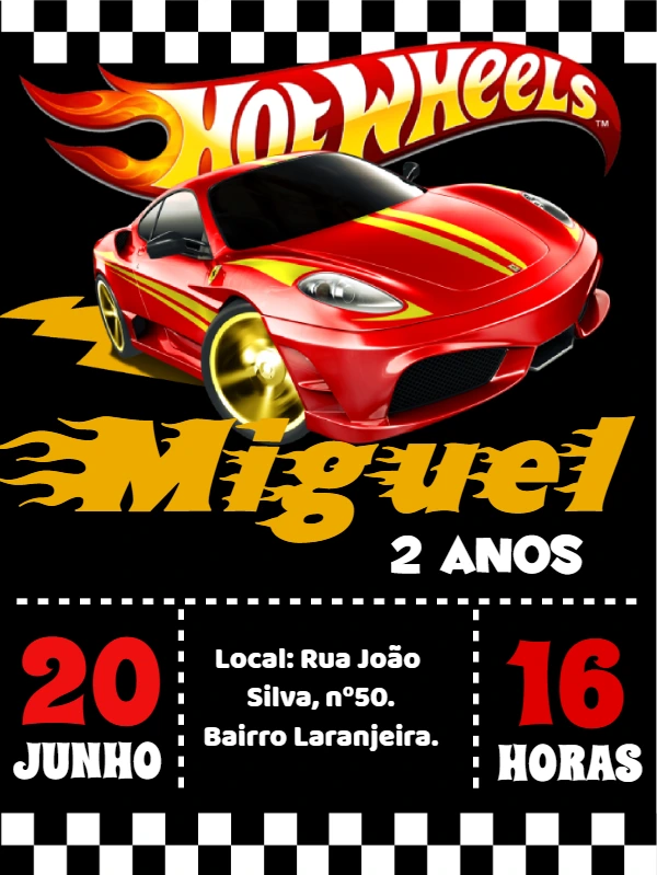 Convite Aniversário Hot Wheels com Carros para Editar Online