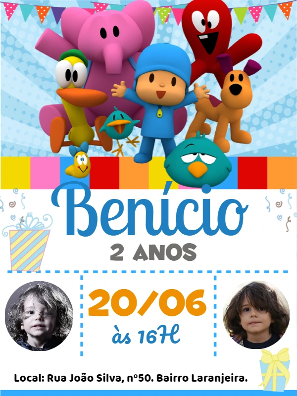 Convite de Aniversário Pocoyo com Foto para Editar Online