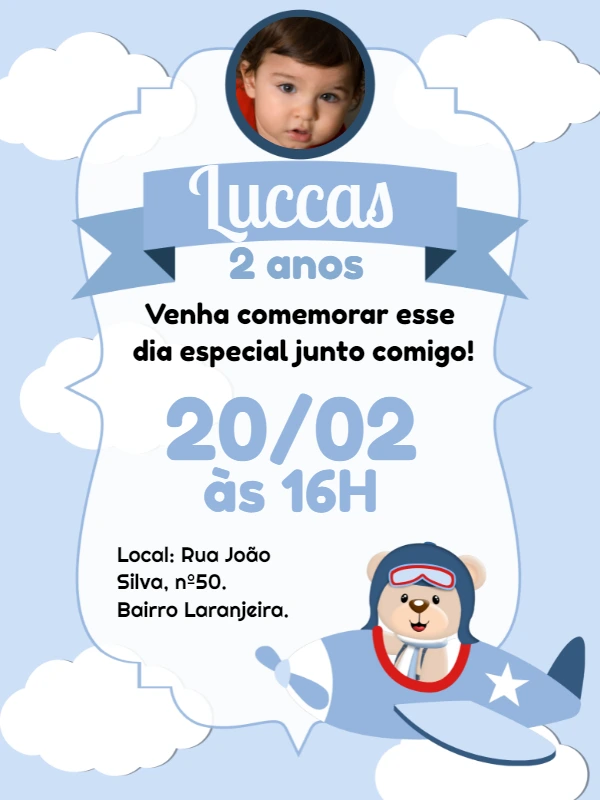 Convite Aniversário Ursinho Aviador com Foto para Editar Online