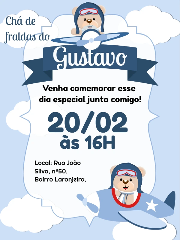 Convite Chá de Fraldas Ursinho Aviador para Editar Online