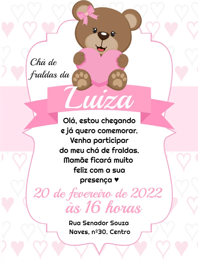 Convite Chá de Fraldas Ursinha Rosa para Editar Online